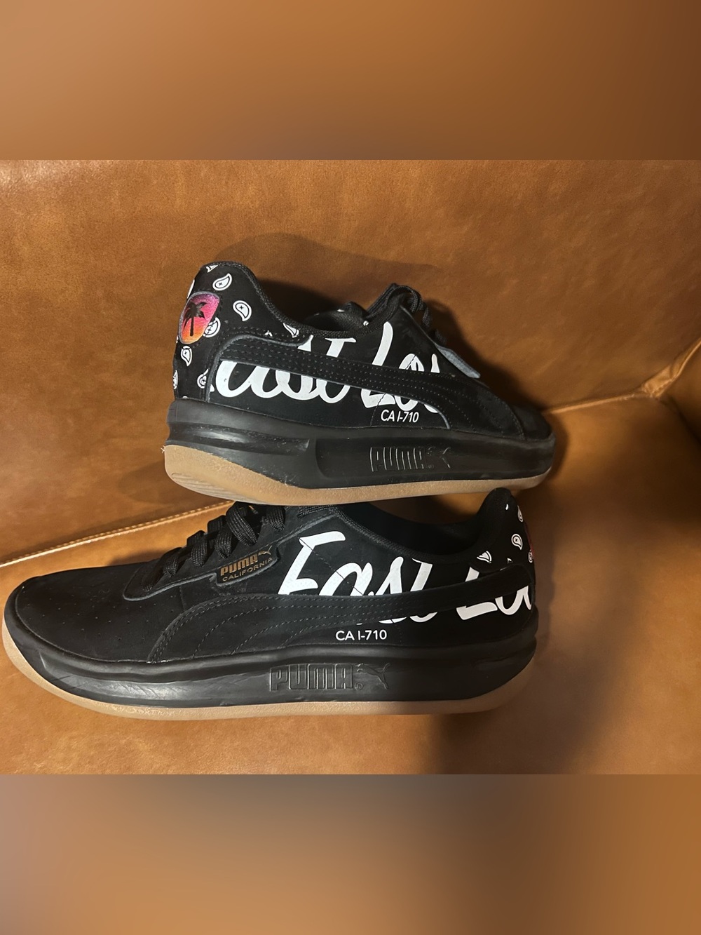 Puma California”East LA"black suede upper unique paisley accents sneakers sz 8.5